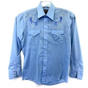 Border Town Western Womens Sz Medium Embroidered Blue Pearl Snap L/S Shirt (J15)